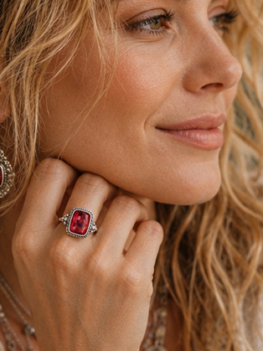Raspberry Pink Crystal Silver Tone Ring Size 8